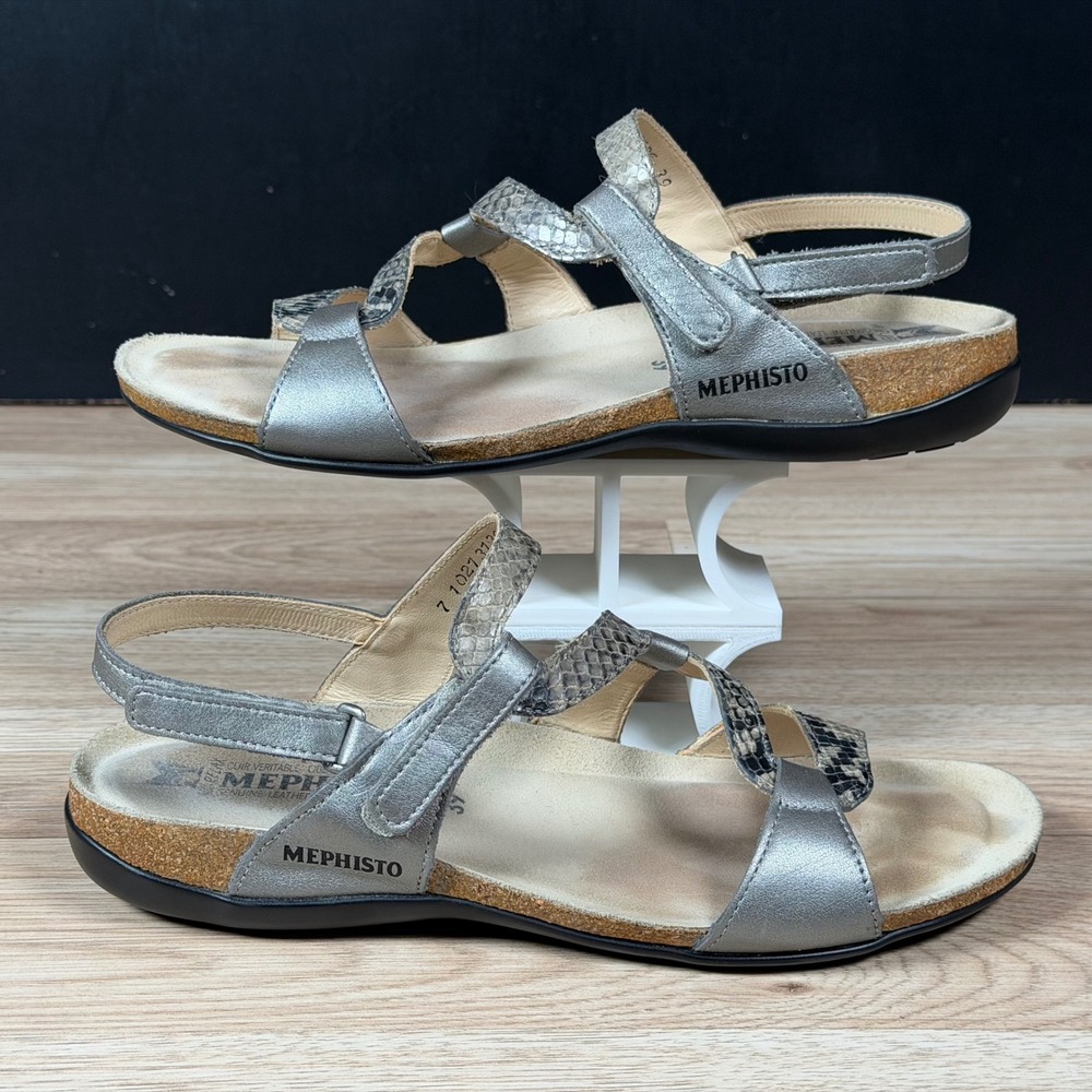 Mephisto Sandals Women Size 8.5 Silver Snakeskin Leather Strappy Comfort Cork